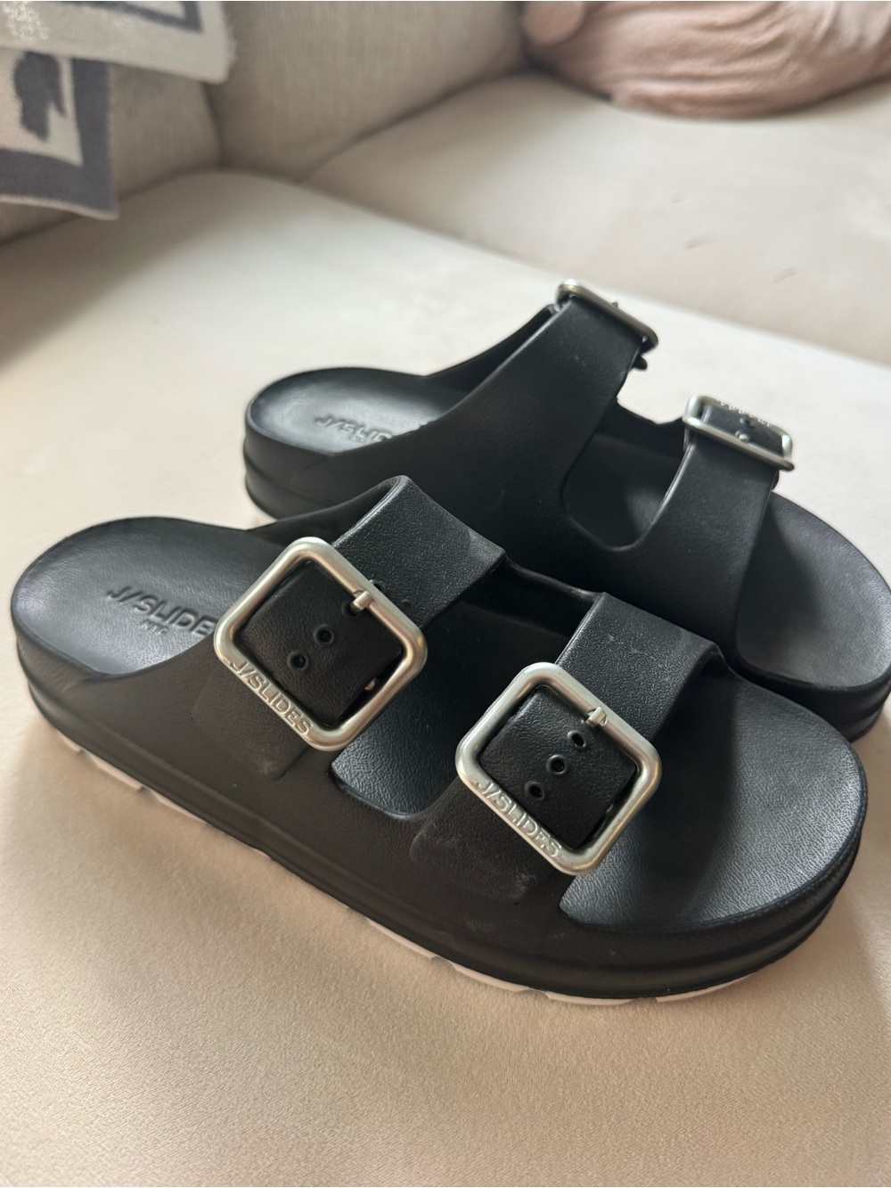 J Slides Black Buckle Slide Sandals - Comfortable Casual Footwear